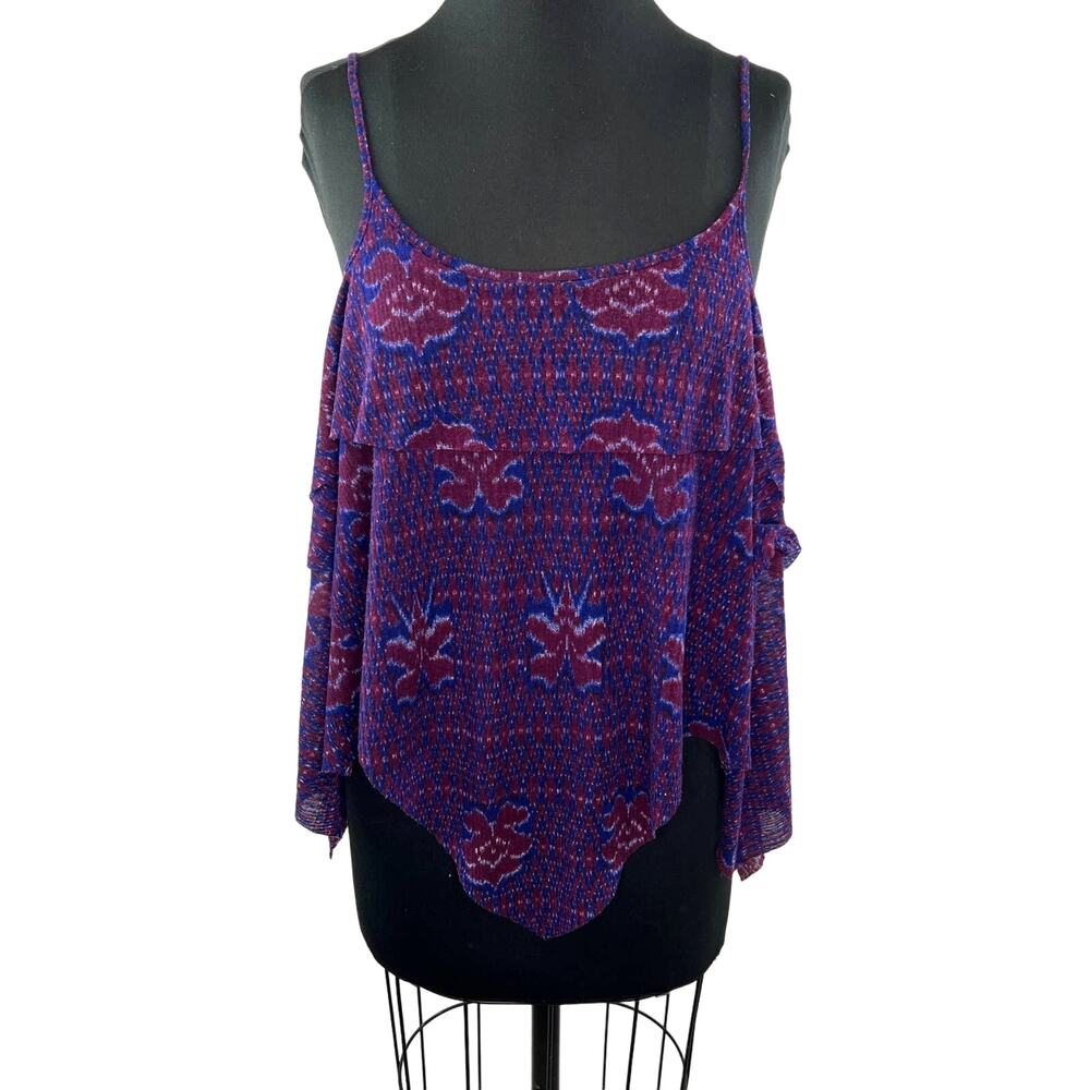 Free People Purple Ikat Dew Drop Handkerchief Hem Spaghetti Strap Tank Top Sz M